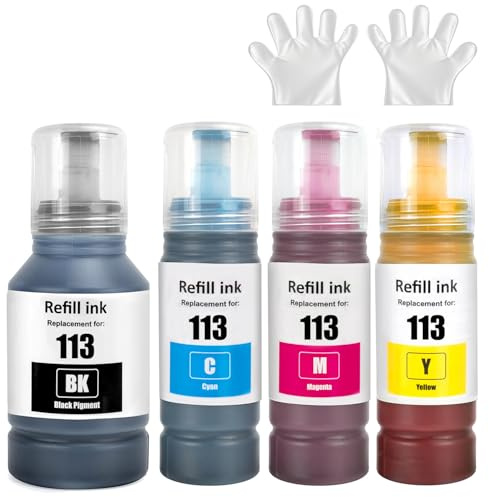 113 Pigment Tinte Kompatibel mit Epson 113 Tintenpatronen Nachfülltinte Multipack für ET-5850 ET-16600 ET-5150 ET-5170 ET-5150 ET-16650 ET-15000 ET-5100 ET-5800 ET-5880 ET-16150 (4 Pack, BK C M Y)