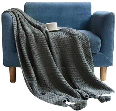MRBRON Decke mit Bommeln Kuscheldecke Boho Tagesdecke Strickdecke Sofadecke mit Quasten Wohnzimmerdecke Couchdecke für Zuhause,Büro,Reisen, Zelten (Grau,130x170CM)