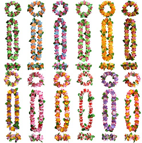 Lubibi 12 Set Hawaiian Garlands,Hawaiian Flower Necklace Flowers Bracelets Headband, for Tropical Hawaiian Party Theme Beach Party Hawaiian Night Bar Vacation Decorations Accessories for Adults Kids