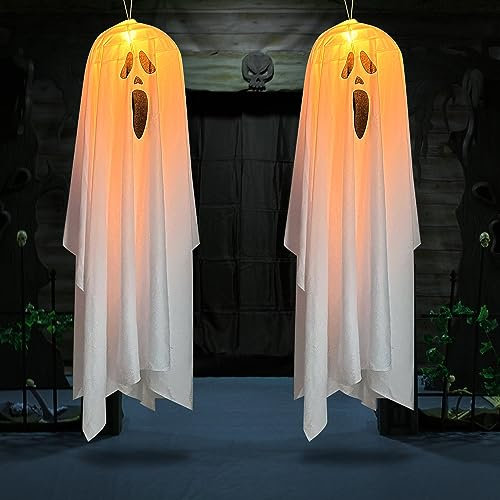 VICTERR Halloween Decorazioni Fantasma, 2 Pezzi Fantasma Appeso di Halloween con Luce a LED, 90CM Luminoso Fantasma Horror Luci per Esterno, Interno, Giardino, Casa