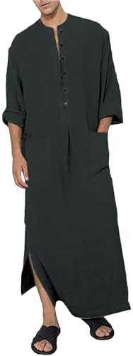 YAOHUOLE Hommes Coton Lin Caftan Men Muslim Kaftan Thobe with Pocket Gris Foncé 3XL