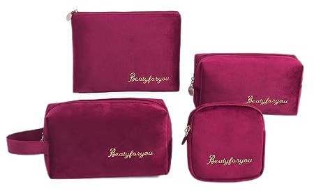 4 Stück Kosmetiktasche Samt Make up Aufbewahrungstasche Schminktasche Travel Bag Organizer Bag Kulturtasche Makeupbag Kosmetikbag Kulturbeutel für Täglichen Gebrauch Geschäft,Gemischter Weinrot