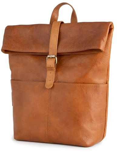 Berliner Bags Vintage Rucksack Finn, Tagesrucksack aus Leder mit Laptopfach, Wickelrucksack für Damen und Herren - Braun