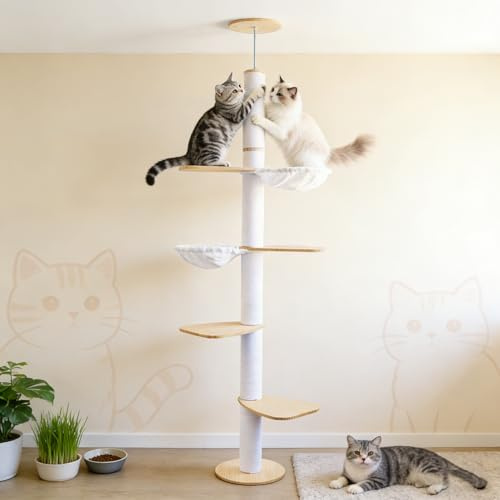 Katzenbaum Deckenhoch – 5-stöckiges Katzenkletter-Aktivitätszentrum mit Kratzbaum, 4 Etagen, 2 Hängematten, höhenverstellbar (190–260 cm), von Boden bis Decke, platzsparend & stabil