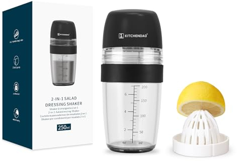 KITCHENDAO 2-in-1 Salatdressing-Shaker mit Saftpresse, Ausgießer, Auslaufsicher, weicher Griff,Spülmaschinenfest, BPA-frei, Dressingbehälter Salatdressing Shaker 250ml-Schwarz