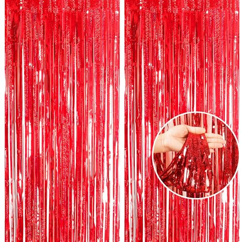 2pcs 3.2 x 8.3ft Glitter Red Tinsel Foil Fringe Curtain Door Tinsel Curtain Streamers Party Curtain Photo Banner Decorations for Birthday School Graduation Hen Christmas Party Decorations Red