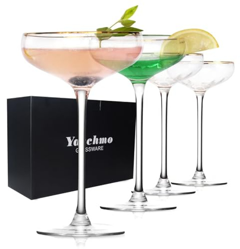 Yaschmo Vintage Coupe Glasses Set of 4, Tall Stemmed Martini Glasses, Gold Rim Cocktail Champagne Glasses, Perfect for Bar, Martinis, Margaritas, Parties, Ideal Gift Choice, 7.7oz Clear
