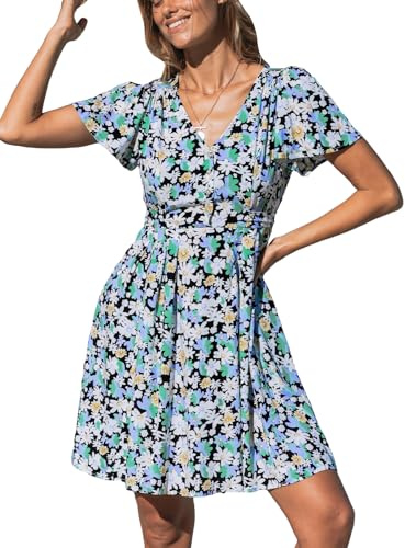 CUPSHE Damen Midikleid Blumendruck V-Ausschnitt A-Linie Kurzarm Knopf Knielang, schwarz / weiß, X-Large