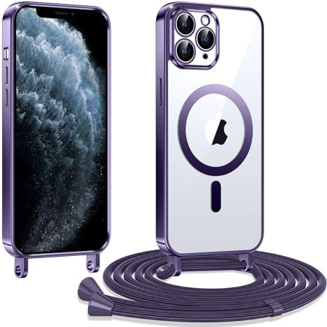Kokio Handykette Hülle für iPhone 11 pro max mit Band, Magnetische Transparent Handyhülle Kompatibel mit MagSafe, Kratzfeste Stossfest Schutzhülle mit Einstellbar Kette,Lila