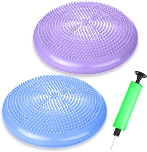 Silipull 2 Pcs Wiggle Seat Inflated Wobble Cushion Flexible Balance Disc with Air Pump for Core Stability Strengthening Improving Posture Physical Exercise(Macaroon Blue and Taro Purple)