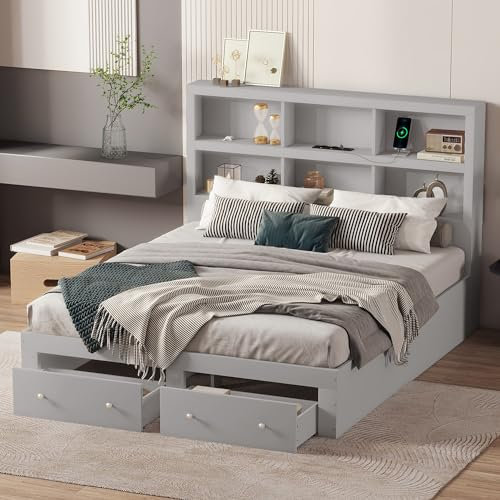 Ctastay Doppelbett Holzbett 160X200 cm, Kopfteil mit Stauraum und USB-Anschluss, Bett mit Stauraum in 2 Schubladen, Bettgestell mit Lattenrost, Stauraumbett, Grau (Ohne Matratze)