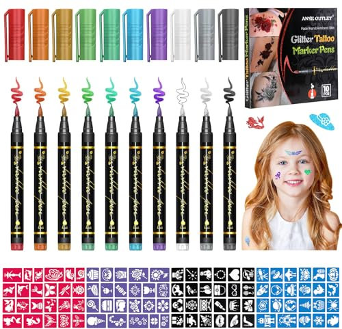 Tattoo Stifte Kinder, 10 Stück Glitzer Tattoo Kinder Tattoostifte Set für die Haut mit 8 Blätter 92 Schablonen Groß Temporäre Tattoo Henna Schablonen für Kinder Erwachsene Geburtstage Party Halloween
