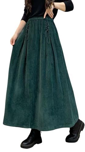 ebossy Maxi Gonna da Donna in Velluto a Coste con Elastico a Vita Alta con Coulisse Cravatta Frontale A-Line Gonna Lunga Plissettata con Tasche, Verde Scuro., M