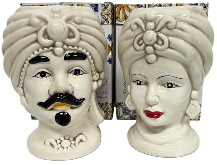 Mondocreazioni Paar Brombeerköpfe Königin und König aus verzierter Keramik im sizilianischen Stil Moderne Gic Vasen (Fumé, 12 x H 18 cm)