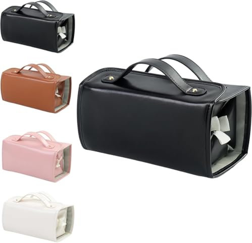 Wasserdichte Kosmetiktasche aus Leder, Reise-Kulturbeutel, 4 abnehmbare, faltbare, transparente Make-up-Tasche mit mehreren Fächern, große Kapazität, Reise-Make-up-Tasche, Schwarz , Zusammenklappbar