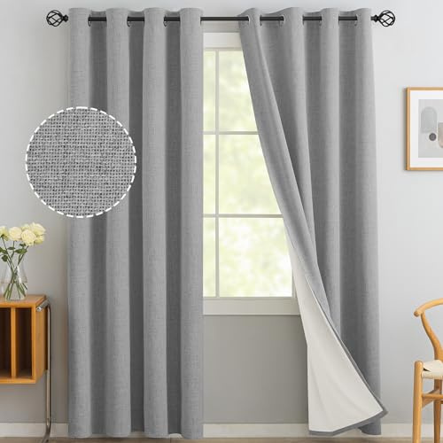 Yakamok Dove Grey Linen Textured Curtains 84 Inches Long for Living Room | 100% Blackout Curtains,Room Darkening Curtains,Thermal Grommet Bedroom Curtain 2 Panels with Greyish White Liner,52W x 84L