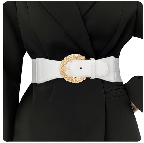 WHIPPY Damen Elastischer Taillengürtel für Kleider Breiter StretchGürtel mit Goldene Schnalle, Weiß, 90cm