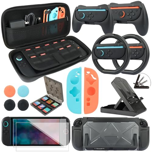 RTop Switch 2 Accessories Kit for Nintendo Switch 2 (2025),Family Bundle Accessories Kit with Carrying Case& Screen Protector,Joy Con Grips and Steering Wheels,Case Cover,Stand and More (16 in 1)