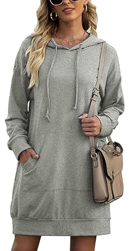 Litherday Hoodie Damen Langarm Kleid Sweatkleid Kapuzenpullover Oversize Sweatshirts Casual Minikleid für Damen mit Taschen Dunkelgrau L