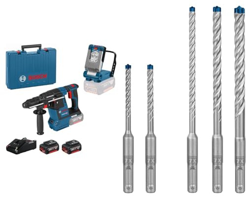Bosch Professional 18V System Akku Bohrhammer GBH 18V-26 F & Akku Leuchte GLI VariLED (inkl.Tiefenanschlag, 2x Akkus, Ladegerät) + 5x Expert SDS plus-7X Hammerbohrer Set (für Stahlbeton, Ø 5-10 mm)