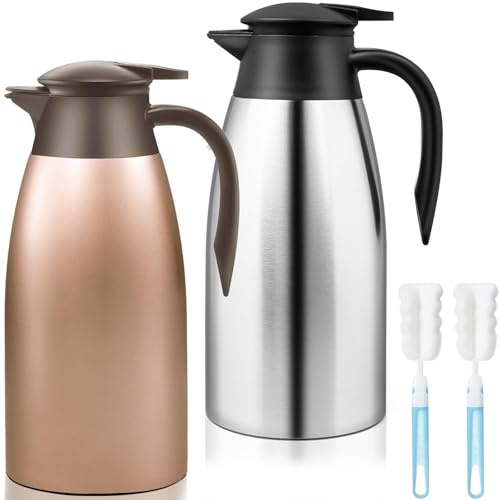 2 Stück Edelstahl Thermoskanne 2L Isolierkanne, Doppelwandige Vakuumkanne mit Griff, Isolierkannen für Heiß- & Kaltgetränke, Teekanne 36 Stunden Wärmedämmung, Kaffeekanne für Kaffee, Tee, Wasser