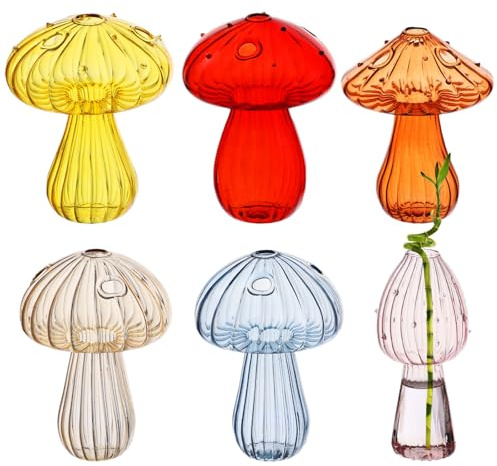 6 Pcs Mushroom Glass Propagation Stations, High Borosilicate Hydroponic Planters, Cute Indoor Vases for Home Decor