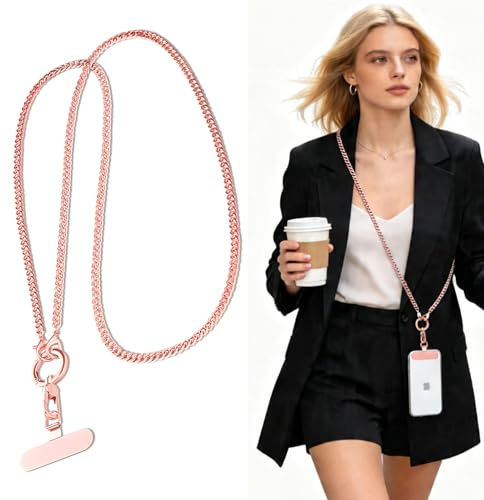 Catena per Cellulare Lunga in Metallo Lanyard Girevole 360° Regolabile Cordoncino con Anello a Dito e Gancetto in Acciaio Anti-Caduta come Gioiello Universale per iPhone 17 Pro 16 15 14 Donna
