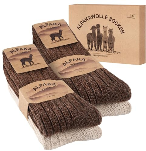 SukModen 4 paia di calze alpaca per uomo e donna, calze norvegesi morbide, calzini lana calde, termiche traspiranti, calzini invernali spesse bianco curry M