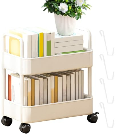 Petite Bibliothèque roulettes Mobile Chariot, Desserte À roulettes 2 Niveaux, avec 4 Crochets, Rangement Roulant, Chariot De Rangement Multifonction pour La Maison, L'école, La Buanderie