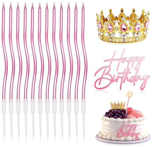 Krone Geburtstag,Happy Birthday Tortendeko mit 12 Rosa Geburtstagskerzen | Rosa Spiral Kerzen Kuchen Deko, Krone Damen Mädchen Kristall, für Geburtstag Hochzeit Party