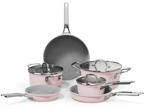Batterie De Cuisine Antiadhésive 6 Pièces - Poêles Et Casserole À Lait, Sans Fumée, Fond Plat Épais, Compatible Avec Cuisinière À Gaz, Usage Domestique(Pink)