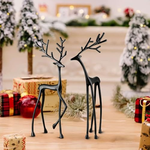 Reindeer Statues, Imitation Metal Reindeers Sculpture, Christmas Imitation Metal Black Reindeer Figurines, Finish European-Style Modern Decorative for Mantel Living Room Bedroom Office (2pc)