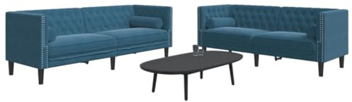 CKioict Chesterfield Sofa Set mit Nackenrollen Blau Samt 2-TLG. Polstergarnitur für Wohnzimmer mit Tufting Details und Stützbeinen, bequemes Sitzensemble aus weichem Velours