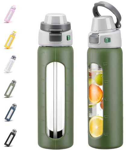 BLUEGO 2 en 1 Bouteilles d'eau en Verre borosilicate avec Paille pour Sport et Voyage, 700 ml Gourde avec Housse en Silicone, Étanchéité Garantie,Sans BPA,Olive