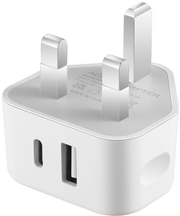 Security-01 Dual Port USB Charger Plug, USB A + USB C, 5V 2.1A 10.5W Wall Power Supply Adapter, Compatible with IP camera, Tablets, MP3 players, E-Readers, Smartphones, Power tools and more, White