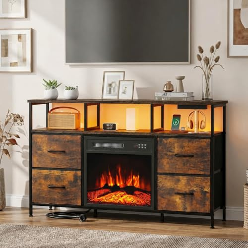 Waleaf Mueble para TV con Chimenea, Mesa Baja para Televisores de hasta 55 Pulgadas, Chimenea Eléctrica con Calefacción, Efecto de Llama 3D, Mueble para Televisor con 4 Cajones y Estantes Abiertos