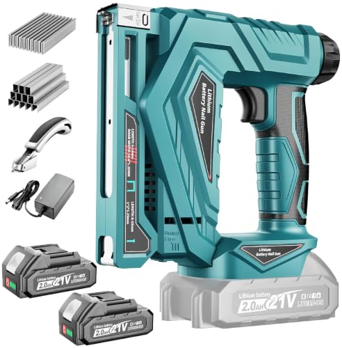 Grapadora Eléctrica con 2 Baterías 2.0Ah, 2 en 1 Clavadora Eléctrica de Clavos y Grapadora con 2000 Clavos y Grapas, 2 Modos de Disparo, Potencia Ajustable para Tapicería, Carpintería y Bricolaje