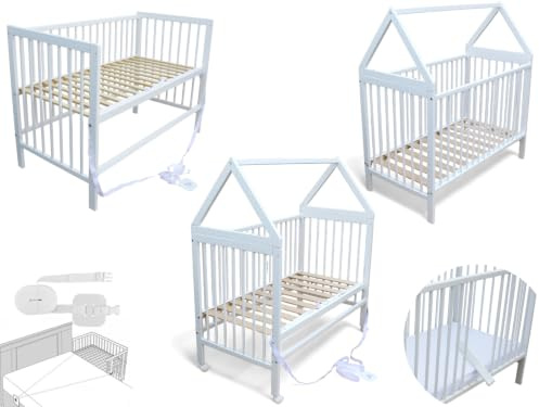 Micoland Kinderbett - Beistellbett - Babybett 120x60 cm umbaubares Bett mit Gurt, Rädern und optional Matratze (Haus Weiss)