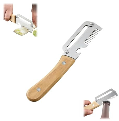 5 in 1 - Pelapatate multiuso per cucina con lama in acciaio inox ultra affilata e manico ergonomico in legno, apribottiglie, scaletta per pesce e tagliacipolla