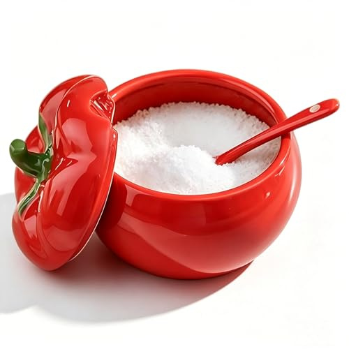 Wekity Ceramic Tomato Salt Cellar with Lid and Spoon - 14.2 Oz Red Salt Bowl for Kitchen Countertop, Cute Spice Container & Condiment Jar for Sugar, Salt, Spice(Tomato)