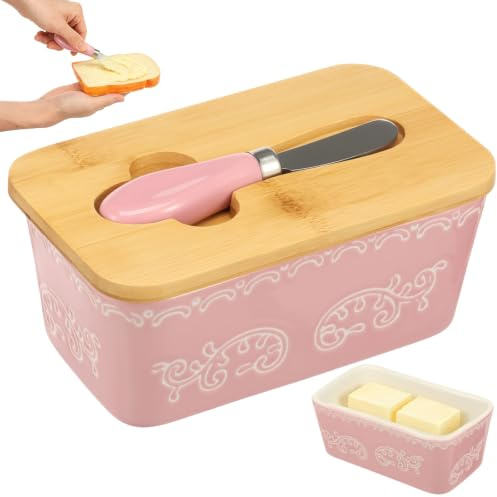 Ceramic Butter Dish with Bamboo Lid and Cutter, Large Butter Container for Kitchen Worktop, 600ml Sealed Food Keeper Holder Fits 2 Sticks for Home Storage(Pink)