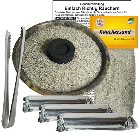 Räucherset 7 teilig ca. 12 cm braune NATURSTEIN Räucherschale + Starterset für jedes Räucherwerk. Räucherkohle + Räucherzange + Räuchersand + Räucheranleitung RICHTIG RÄUCHERN. 81107