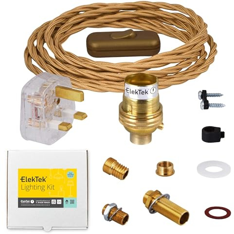 Kit de lámpara premium de latón sin interruptor B22 soporte de lámpara con trenzado dorado flexible, interruptor en línea y enchufe británico 3A