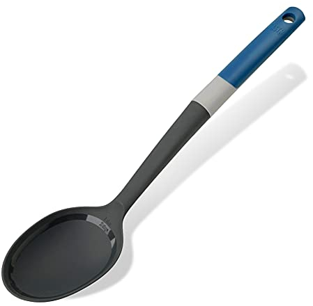 Tasty Serving Spoon with Measurements, Non-Stick Cooking Spoon, Spoon Ladle with Soft Grip Handle, Stirring Spoon, Non-Scratch Kitchen Utensil, Dimensions, 34 x 7 cm, Colours, Dark Blue, Grey