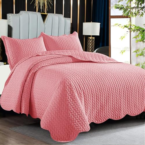 PHP Bedspreads Double Size Quilted Bed Throws For Sofas Large - Embossed Matt Finish Reversible Double Quilt Bedspread + 2 Pillow Shams - Pink Quilted Bedspread 240 X 240 cm