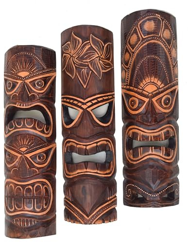 3 Tiki Wandmasken 50cm im Hawaii Style mit Tribal Motiven 3er Set Holzmaske Wandmaske Tiki Maui