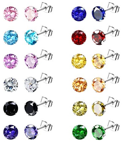 KALVICA 12 Paar Edelstahl CZ Ohrstecker für Damen Birthstone Ohrstecker Set Rund Ohrstecker für Frauen Ohrringe Piercing Brilliant Geschnittene Runde Zirkonia Ohrstecker 3MM 5MM 7MM