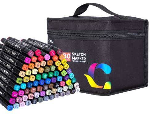 deli 80 Farben Alkohol Marker Set – Doppelspitze, Schnelltrocknend, Künstler & Hobby Marker Stifte für Skizzen, Graffiti, Zeichnen & Illustration mit Tragetasche