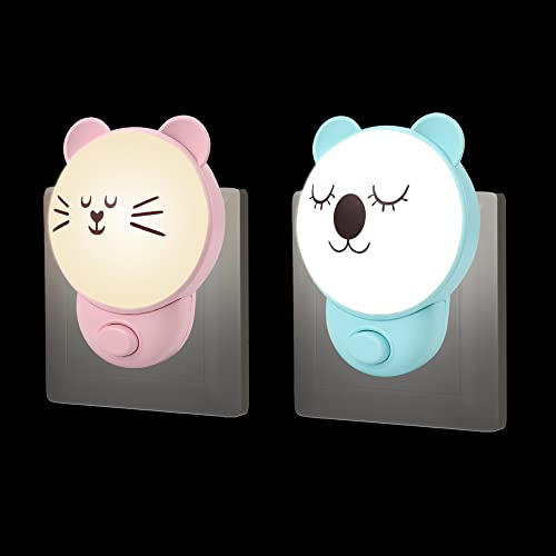 Annmore Nachtlicht Kinder Steckdose mit Schalter, Koala und Katze | Druckschalter, 2 Einstellbare Farbtemperatur, Stilllicht, , 2 Stück
