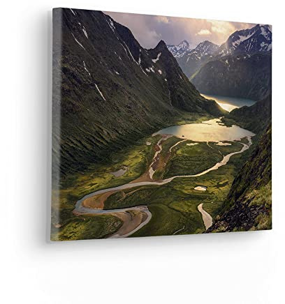 Komar Stretcher Frame Picture in Real Wood Frame - Northern Light - Size 40 x 30 cm - Landscape Motif for Living Room/Bedroom